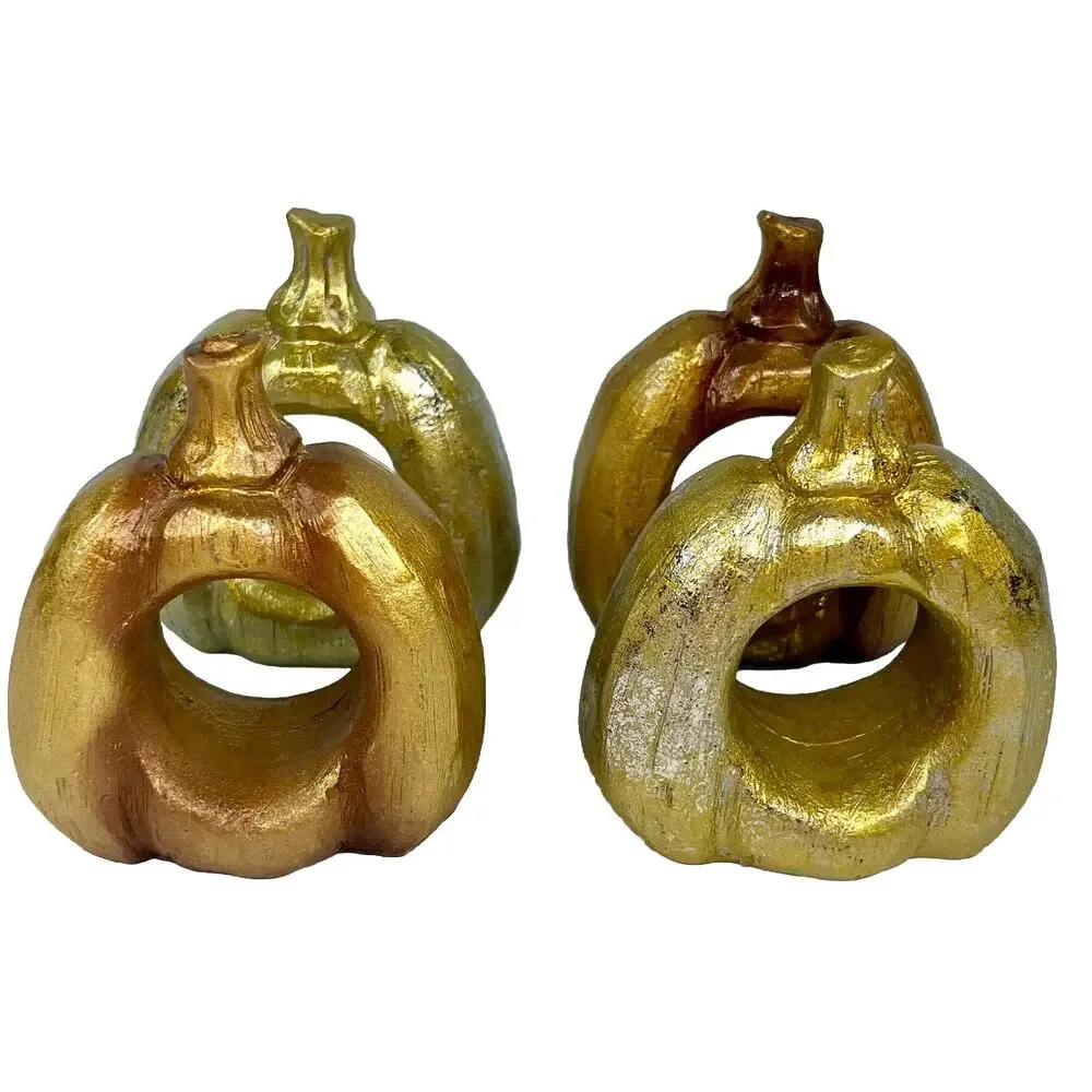 Pumpkin Shape Napkin Ring Fall Harvest Thanksgiving Gold Orange Set of 4 Resin